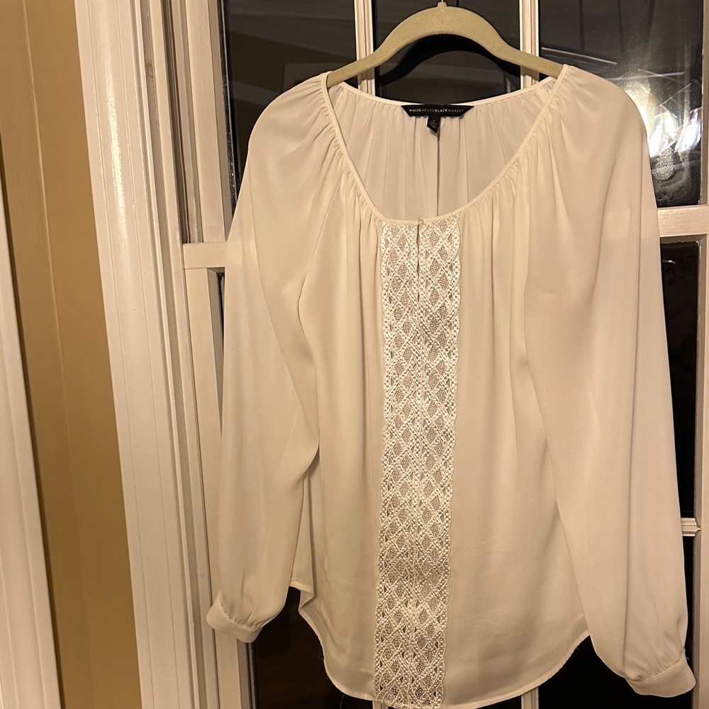 White House Black Market Ivory Blouse with Embroidered Panel